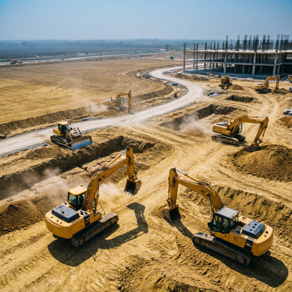 Maquinaria pesada de Movimientos Luna en obra de construcción
